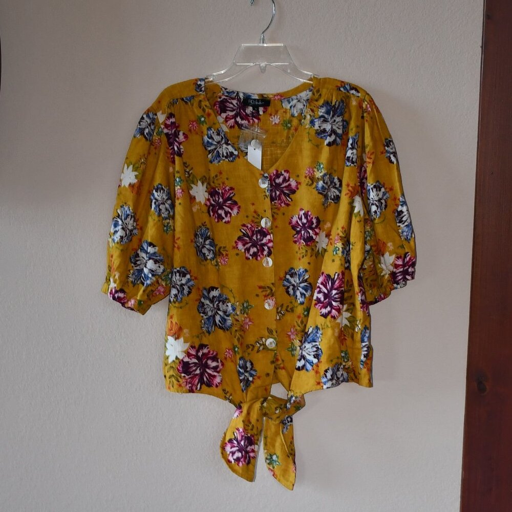 RD & KOKO Plus Gold Floral Print Linen Boho Button Down Front Tie Shirt Size 1X